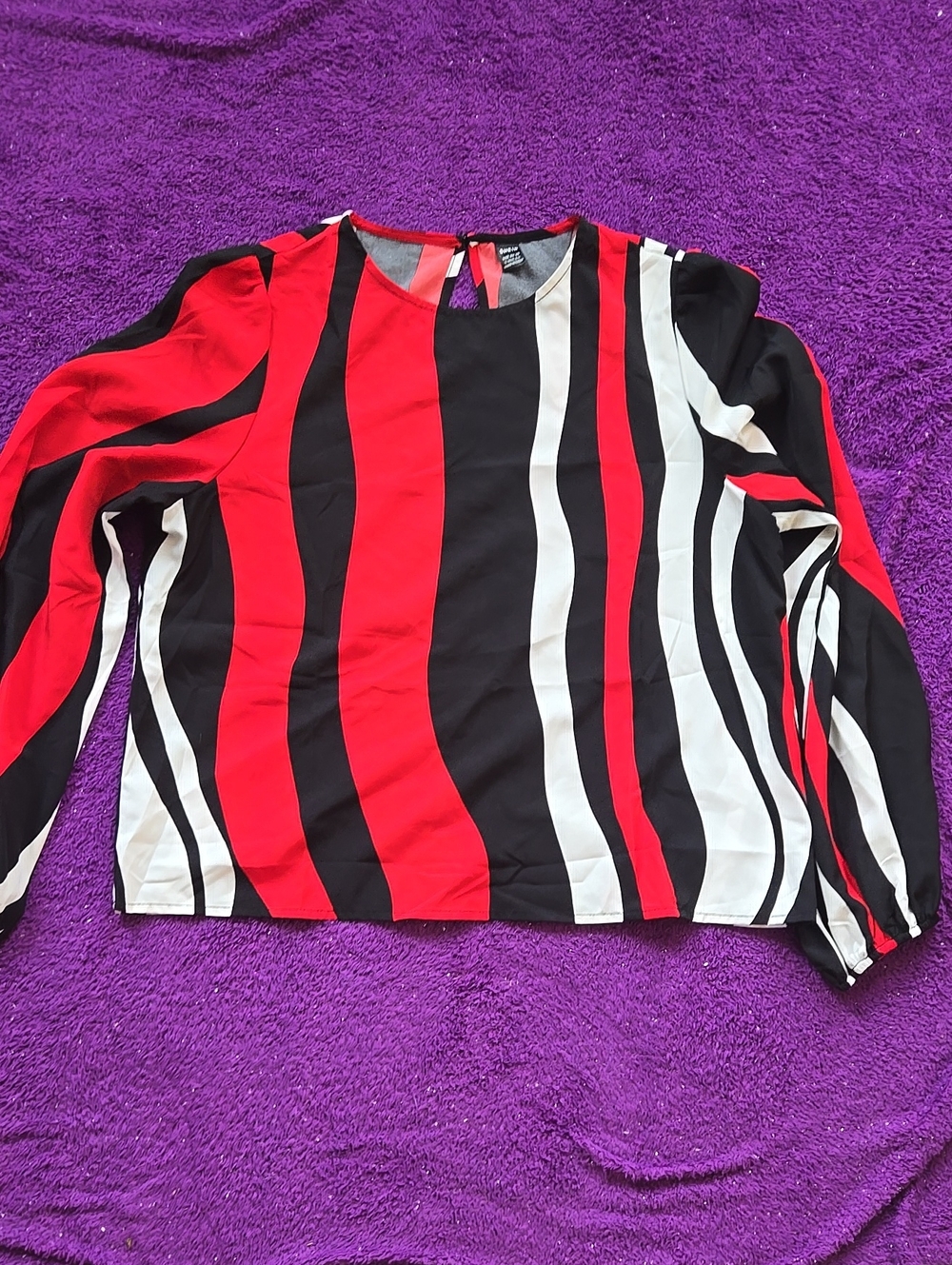 SHEIN Red Black and White Vertical Stripe Long-Sleeve Blouse